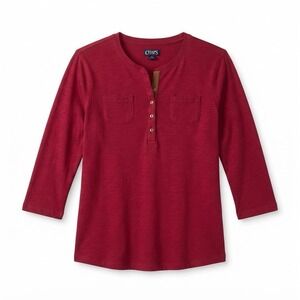 Chaps Women's Petite Large Red Cotton Long Sleeve Henley Shirt Pocket Preppy Tee